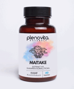Maitake extrakt i Plenovitas svamp kosttillskott, säljes i burk med kapslar.